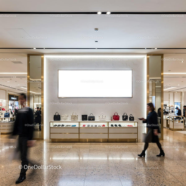 Luxury handbags displayed in upscale modern boutique JPG Mockup Image