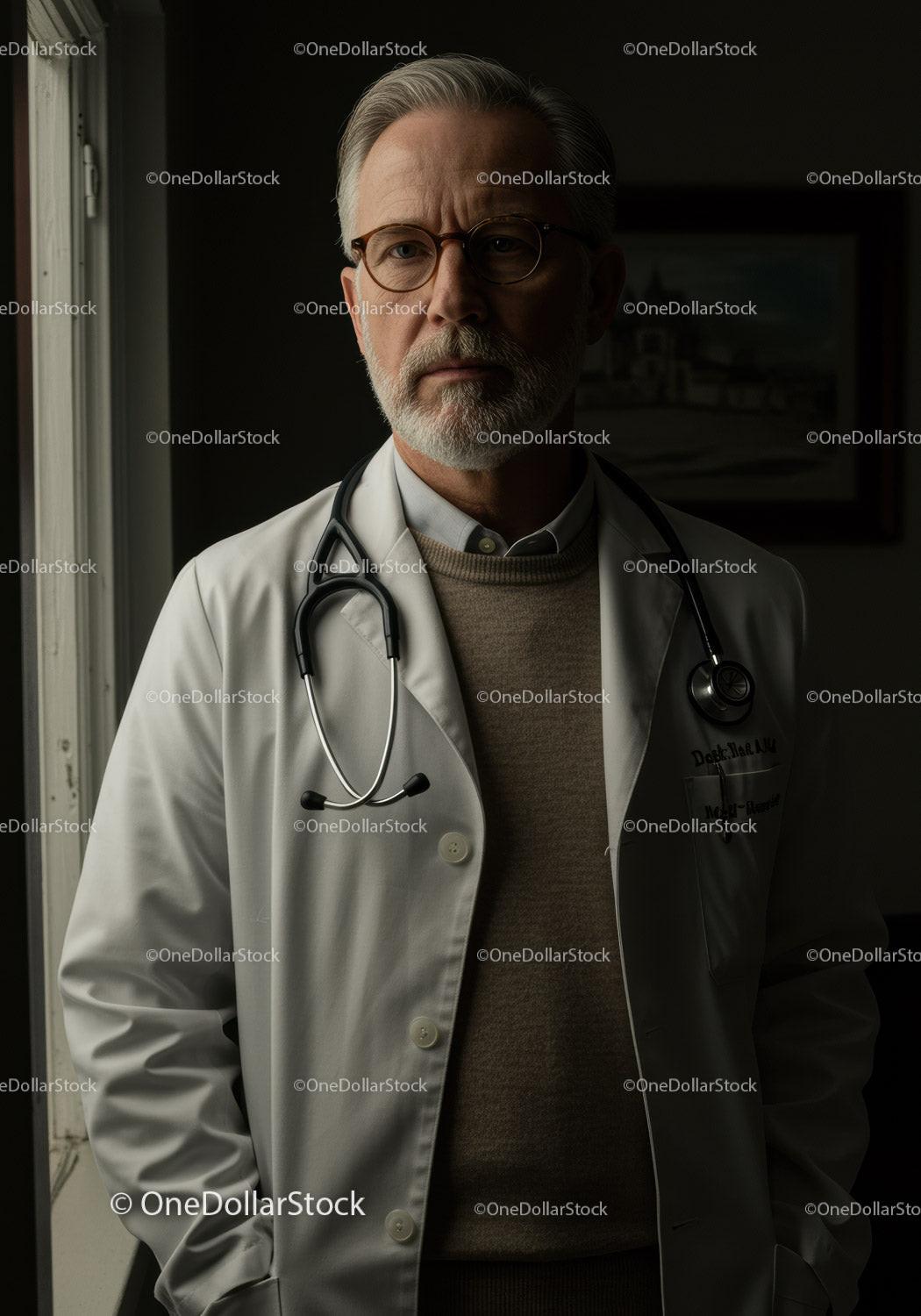 Senior Male Doctor with Stethoscope in Clinical Setting
