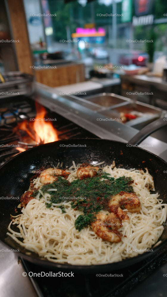 Shrimp Pasta Cooking in a Hot Pan in a Modern Restaurant Kitchen
