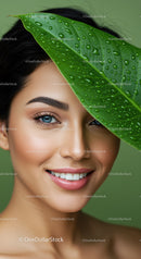 Elegant Woman with Blue Eyes and Green Leaf in Natural Setting