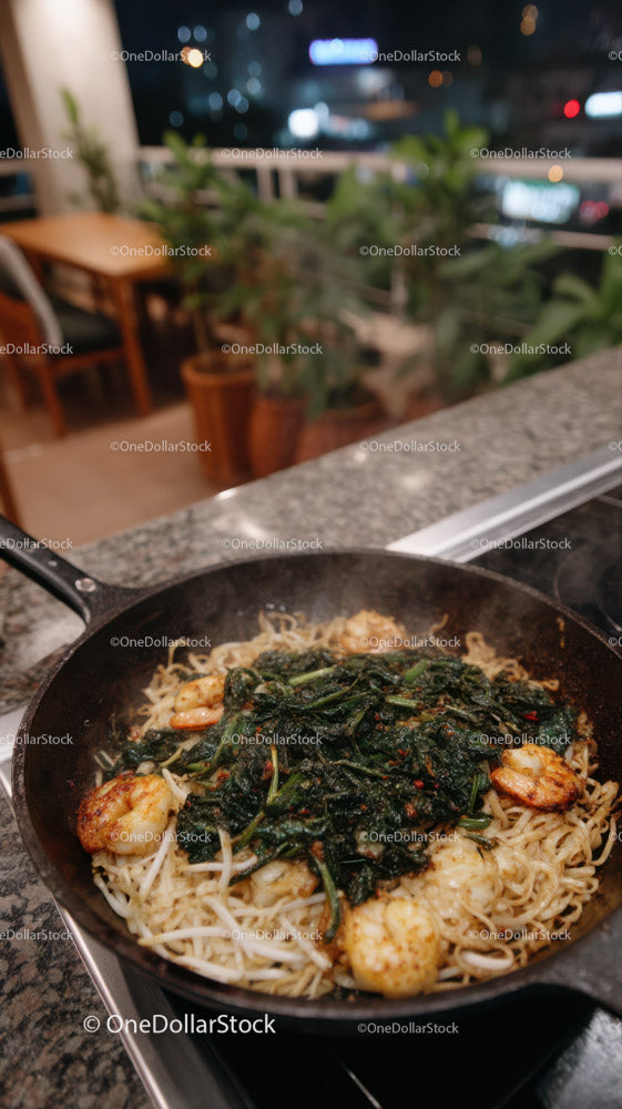 Seafood Shrimp Pasta with Leafy Greens in Cozy Restaurant Setting