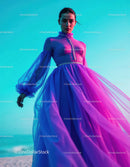 Elegant Woman in Vibrant Purple Dress with Studio Lighting