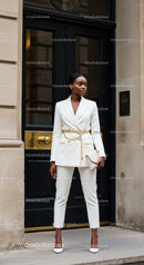 Elegant woman in white suit stands confidently outdoors