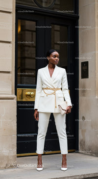Elegant woman in white suit stands confidently outdoors