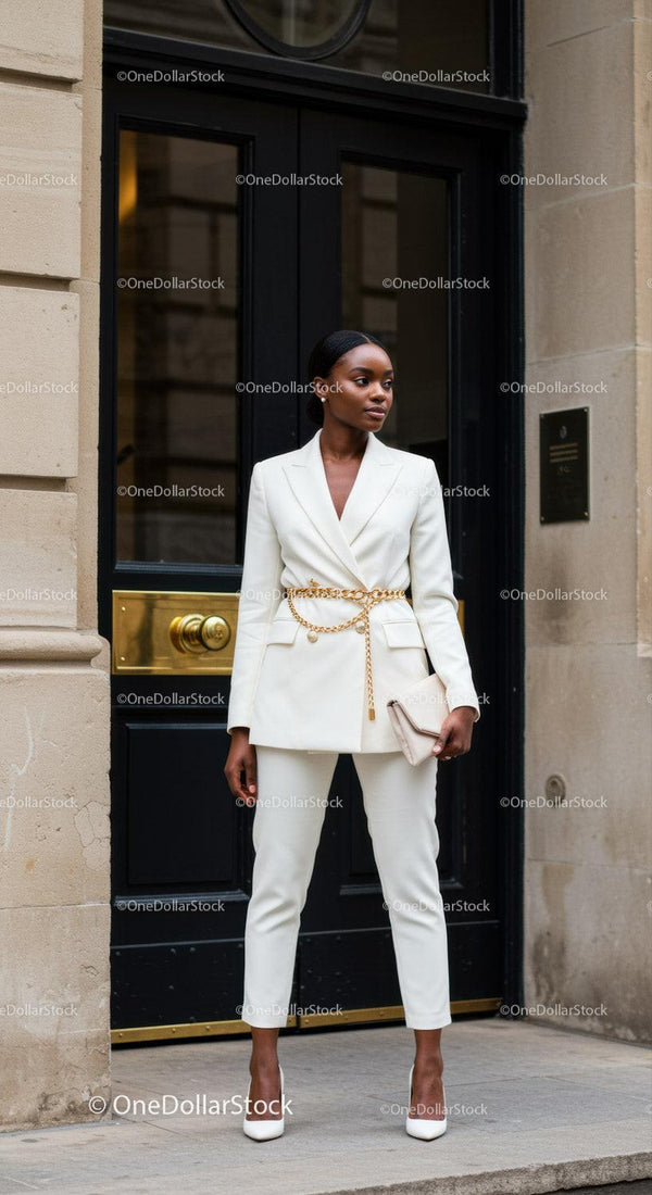 Elegant woman in white suit stands confidently outdoors