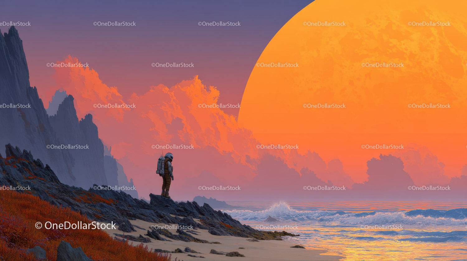 Astronaut Exploring a Surreal Alien Landscape with a Giant Orange Planet