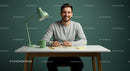 Smiling Young Man at a Modern Desk with Green Accents