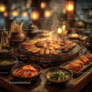 Korean Barbecue Platter with Grilled Meat and Side Dishes