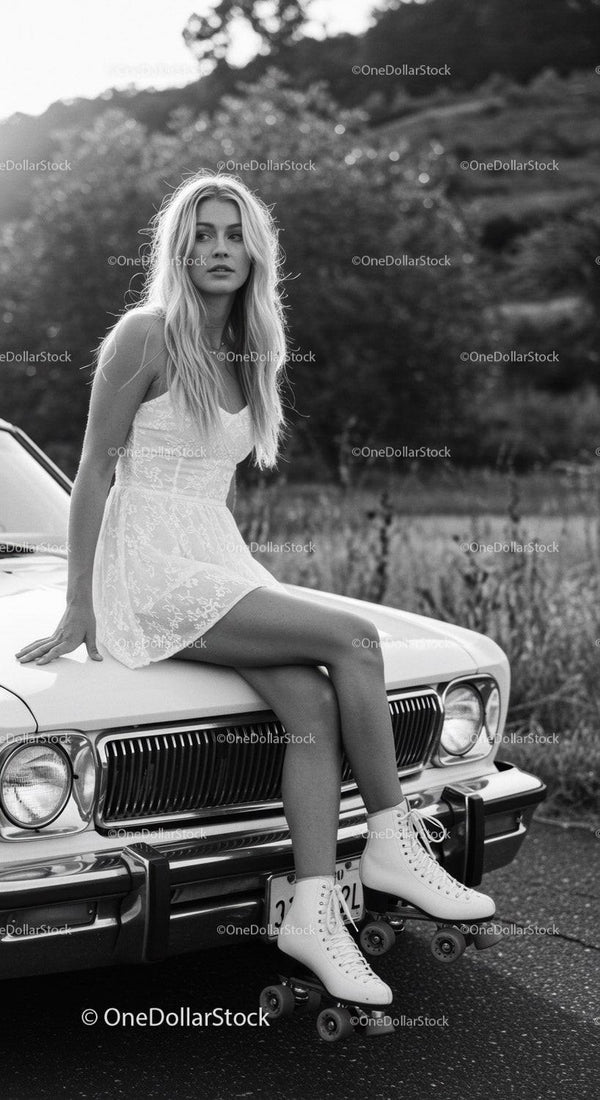 Young woman in white dress sitting on vintage car with roller skates