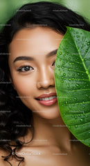 Smiling Woman with Curly Hair and Tropical Green Leaf