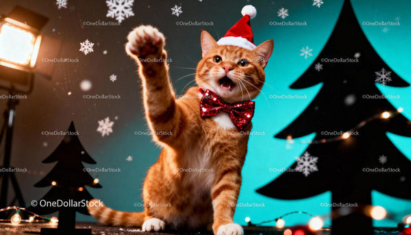 Figlarny Rudy Kot w Świątecznej Czapce Mikołaja i Kokardce