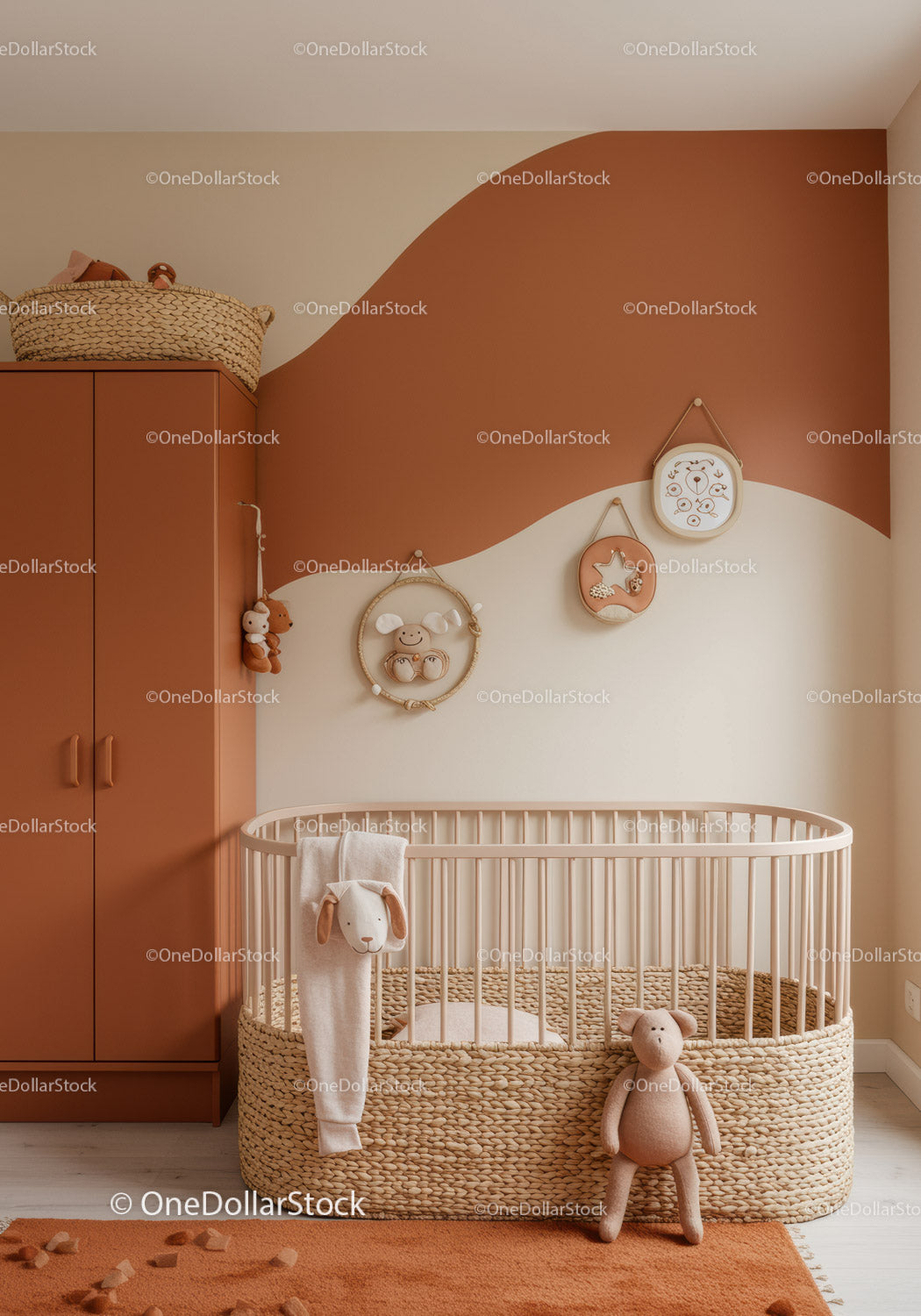 Cozy Nursery with Woven Crib Bumper and Whimsical Wall Hangings