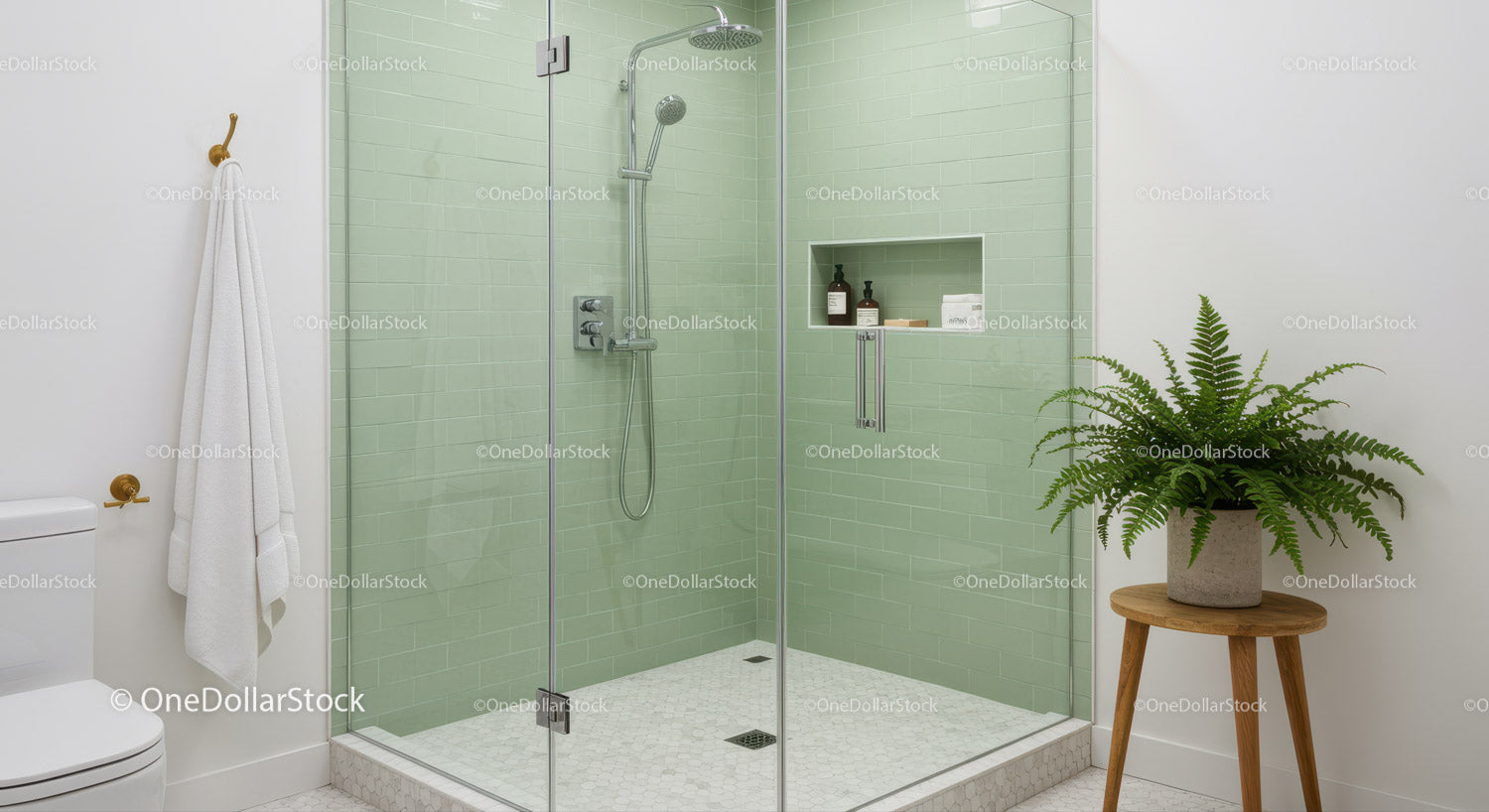 Modern Bathroom with Glass Shower and Green Tiles