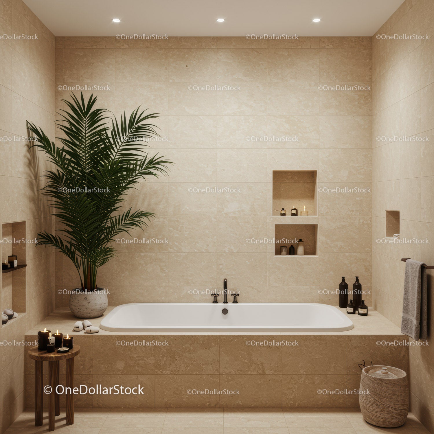 Elegant Modern Bathroom with Beige Tiles and Green Palm Plant