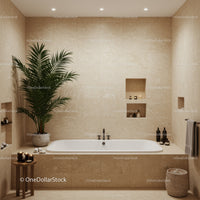 Elegant Modern Bathroom with Beige Tiles and Green Palm Plant