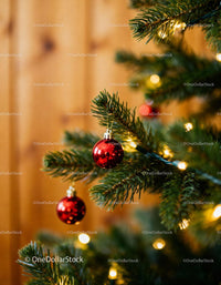 Red baubles hanging on a lit Christmas tree branch