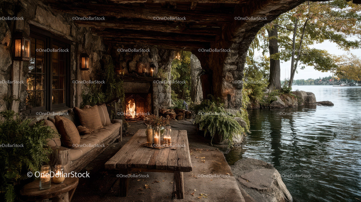 Rustic Lakeside Porch with Cozy Seating and Water View