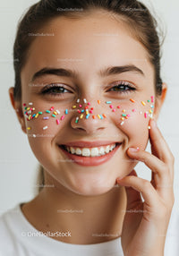 Young Woman with Colorful Sprinkles Smiling Face Close-Up Portrait
