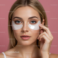 Young woman with eye patches for skincare routine on pink background