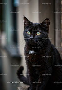 Alert black cat with bright yellow eyes sitting outdoors