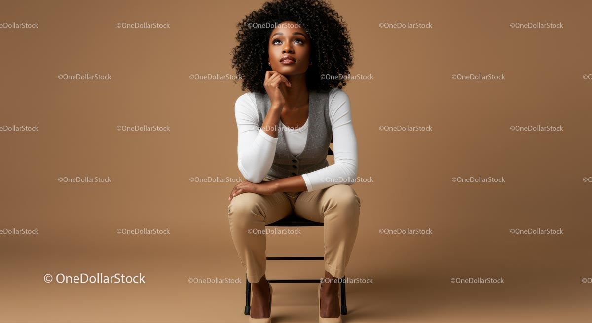Confident Woman Sitting on Chair with Stylish Outfit in Modern Studio