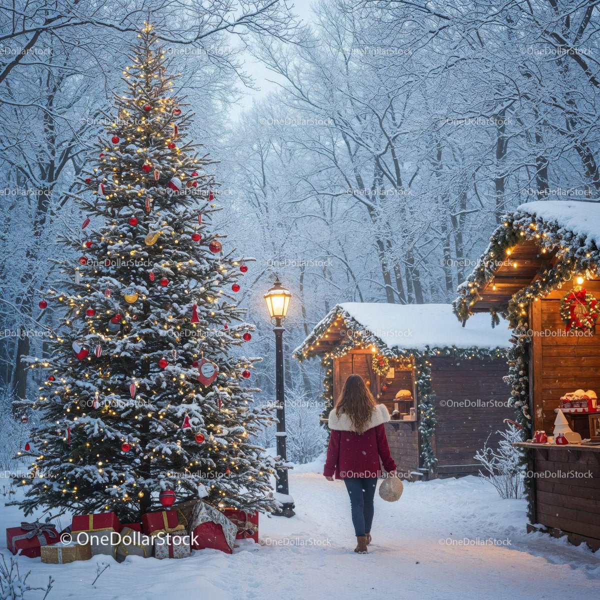 Woman walking toward festive market in snowy winter park