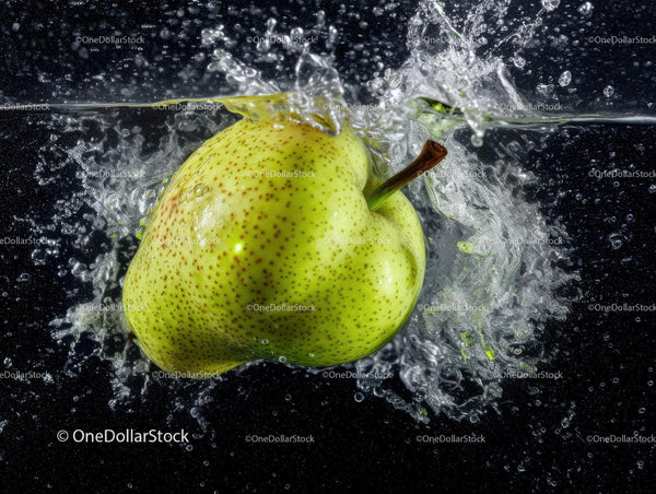 Fresh Green Pear Splash with Water Droplets