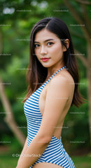 Young Woman Outdoor Portrait with Blue Striped Swimsuit in Greenery