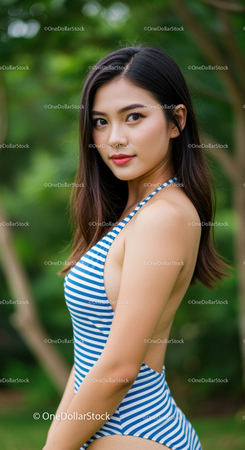 Young Woman Outdoor Portrait with Blue Striped Swimsuit in Greenery