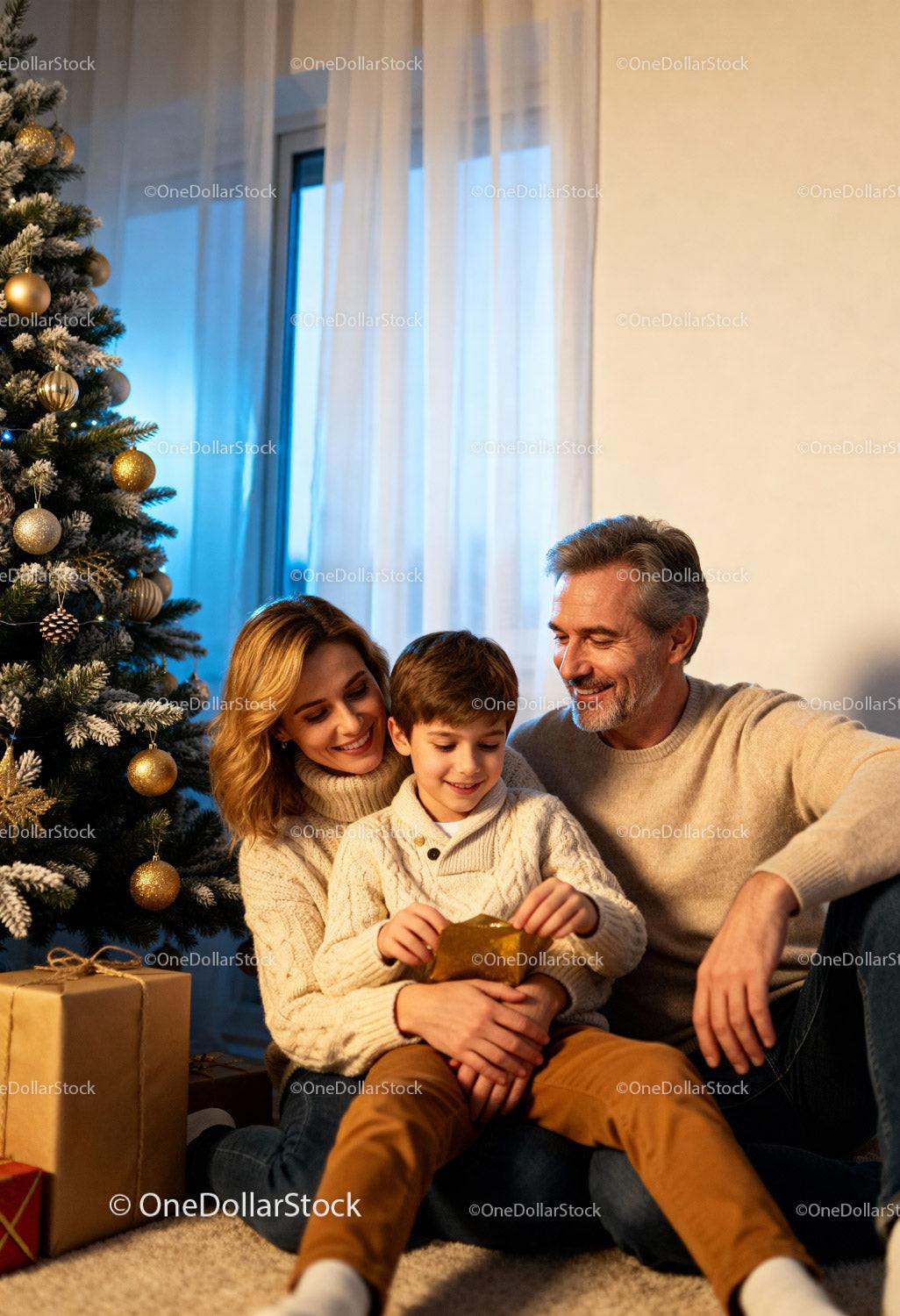 Family enjoying Christmas moment unwrapping gifts together