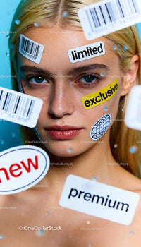 Portrait of woman with exclusive product stickers on face