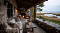 Rustic Outdoor Patio with Fireplace Overlooking Scenic Lake and Fall Foliage