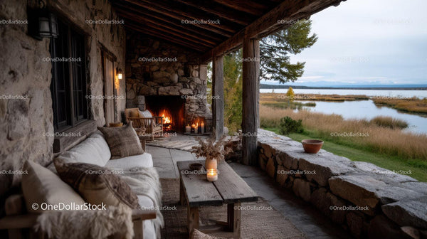 Rustic Outdoor Patio with Fireplace Overlooking Scenic Lake and Fall Foliage