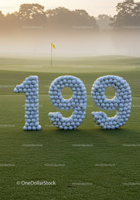 Golf milestone 199 sculpted with golf balls on green