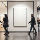 Modern art gallery with blank canvas and passing visitors