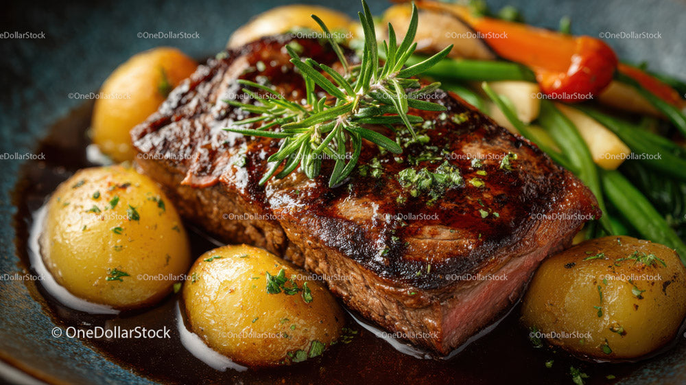 Gourmet Beef Steak with Mashed Potatoes and Herb Garnish