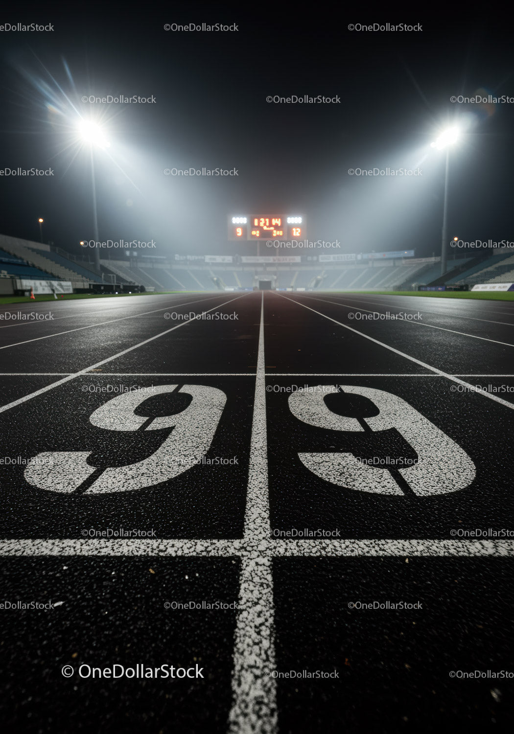 Empty running track lanes illuminated at night stadium