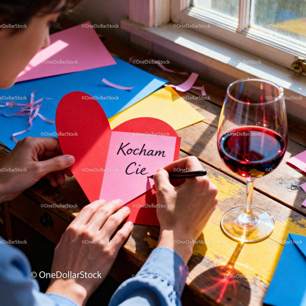 Person writing love message inside heart-shaped card