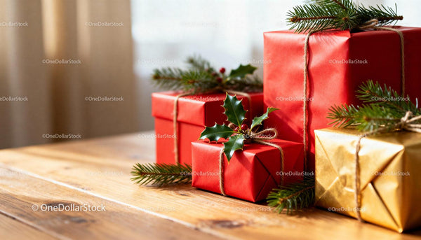 Festive Red and Gold Christmas Gifts on Wooden Table