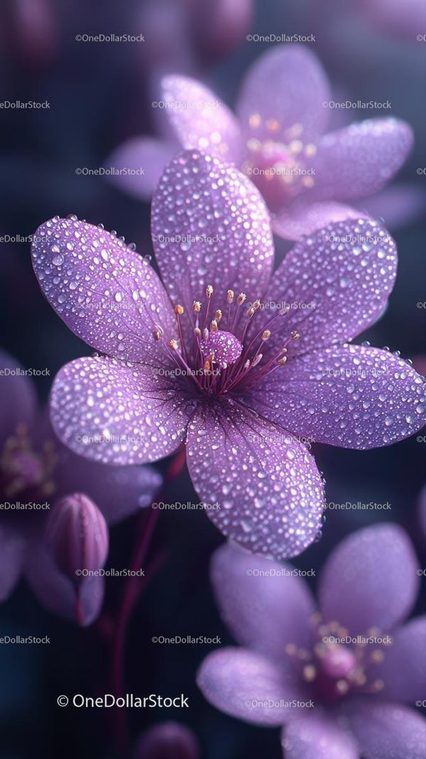 Purple Flower with Dew Drops in a Macro Botanical Scene