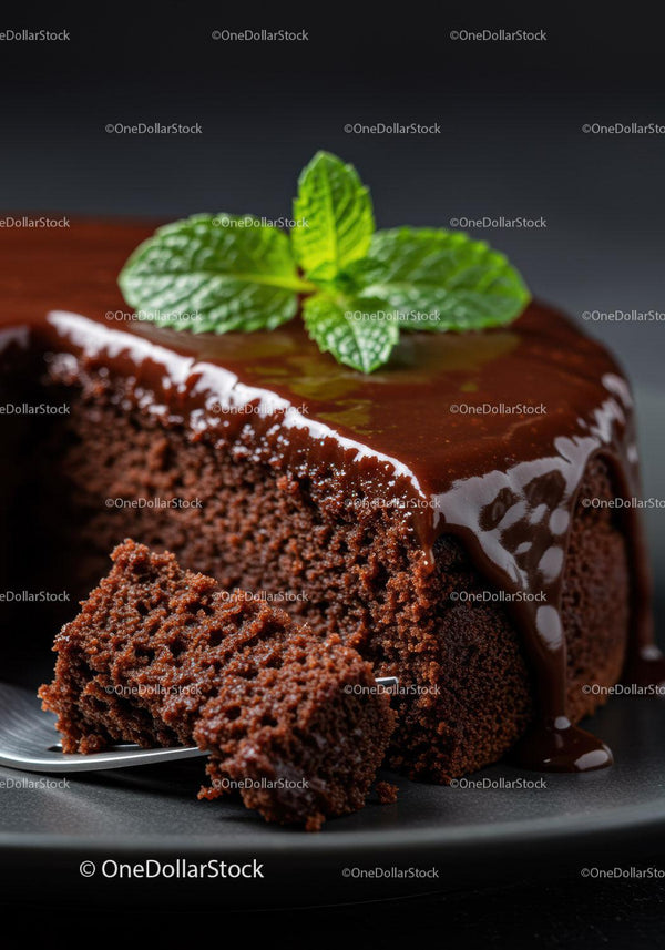 Wilgotny kawałek czekoladowego ciasta z błyszczącą ganache i miętą