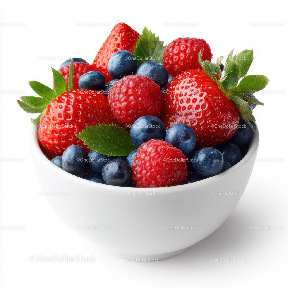 Mixed Fresh Strawberries and Blueberries in White Bowl