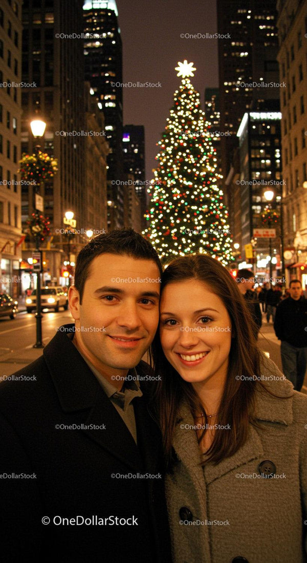Happy couple enjoying festive night in city street