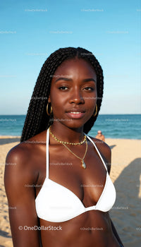 Beautiful Young Woman in White Bikini Enjoying Sunny Beach Scene