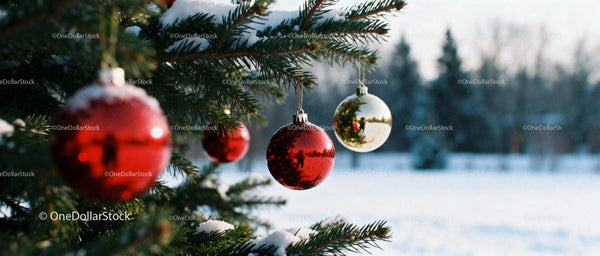 Snowy pine branches decorated with festive Christmas balls