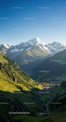 Snowy Mountain Peaks with Green Hills and Alpine Village Scenery