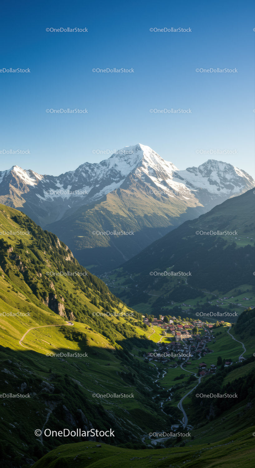 Snowy Mountain Peaks with Green Hills and Alpine Village Scenery
