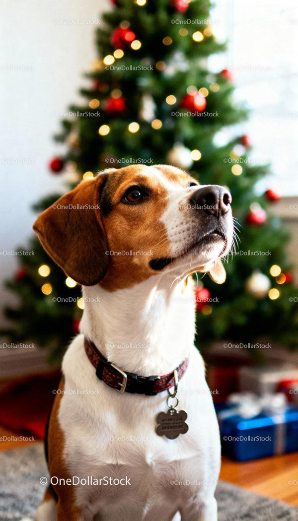 Beagle siedzący spokojnie przy udekorowanej choince