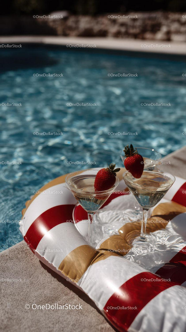 Refreshing Summer Poolside Cocktails with Strawberries and Inflatable Float