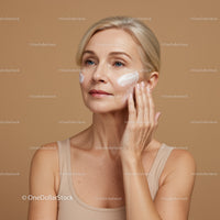 Elegant Mature Woman Applying Skincare Cream on Cheek